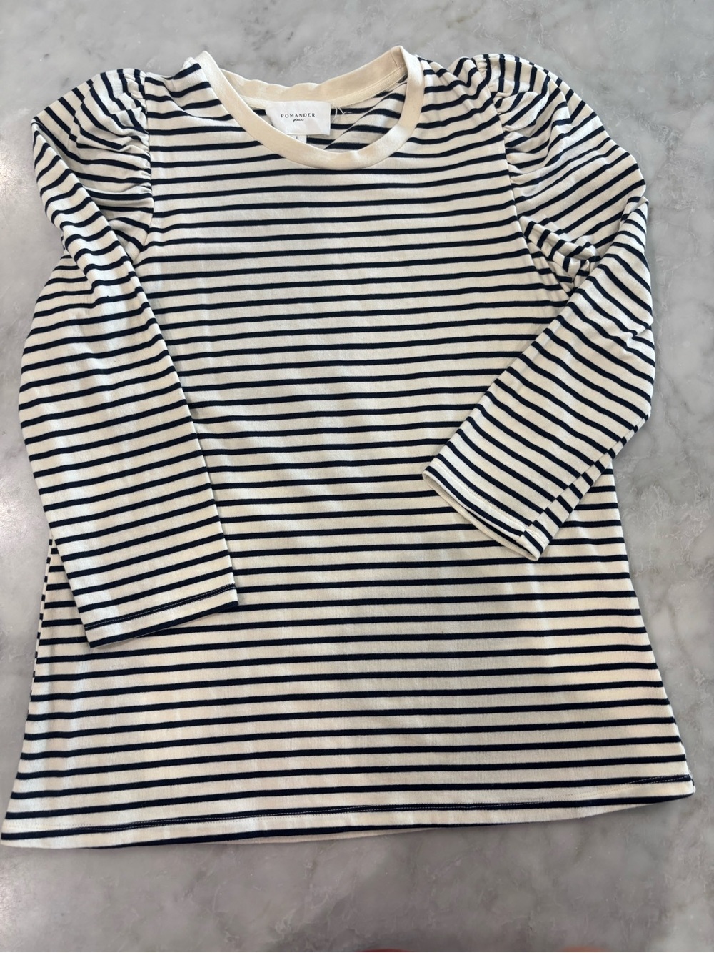 Pomander Place Cream and Navy Striped Puff-Sleeve Top